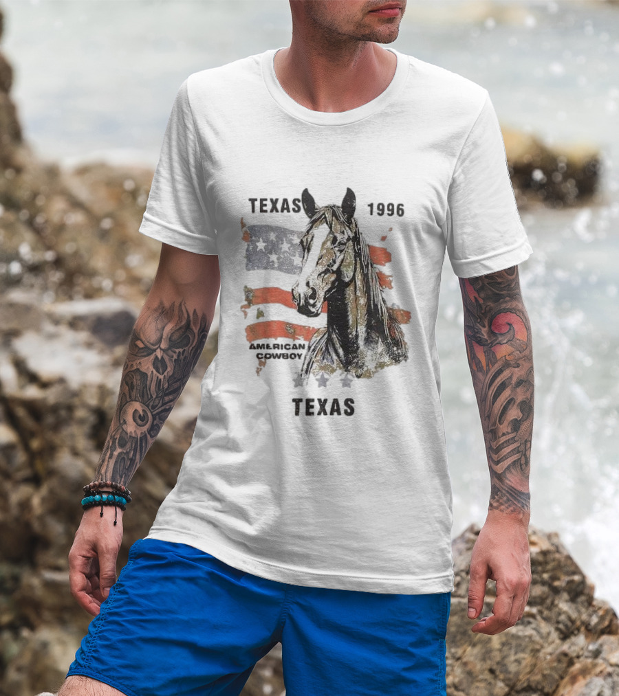 Texas 1996 American Cowboy Horse With Stars And Stripes Flag T-Shirt