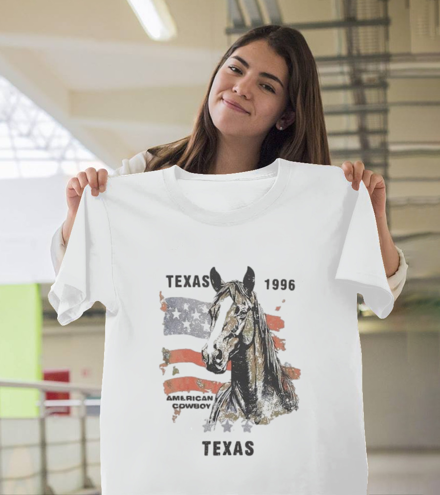Texas 1996 American Cowboy Horse With Stars And Stripes Flag T-Shirt