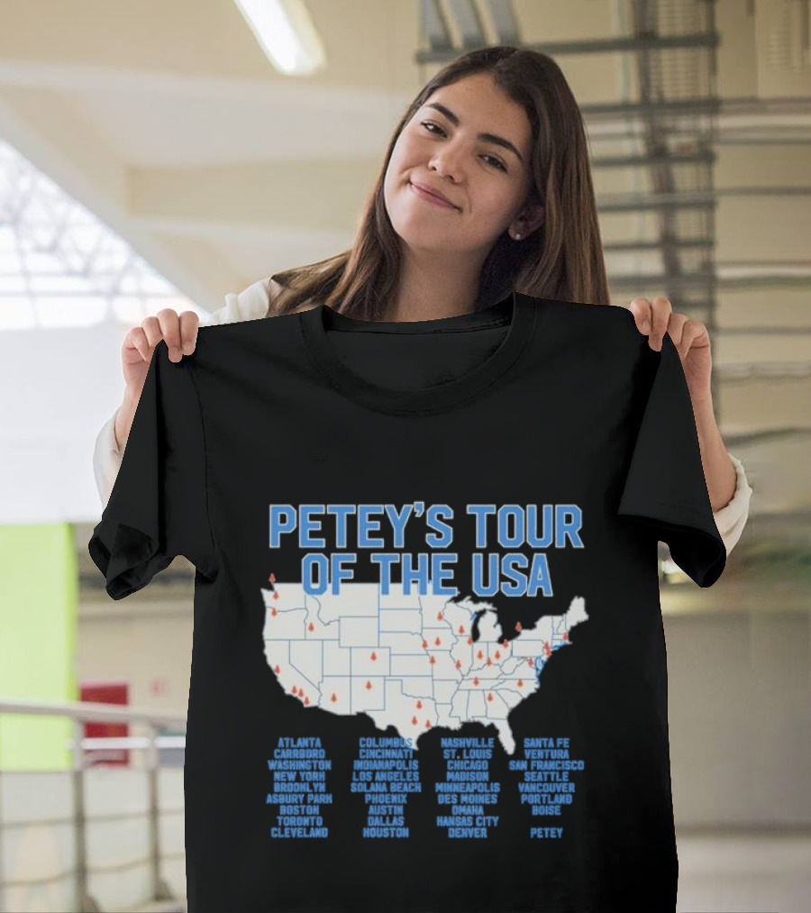 Petey's Tour of the USA Map Featuring Cities Like Los Angeles, New York, and Chicago T-Shirt