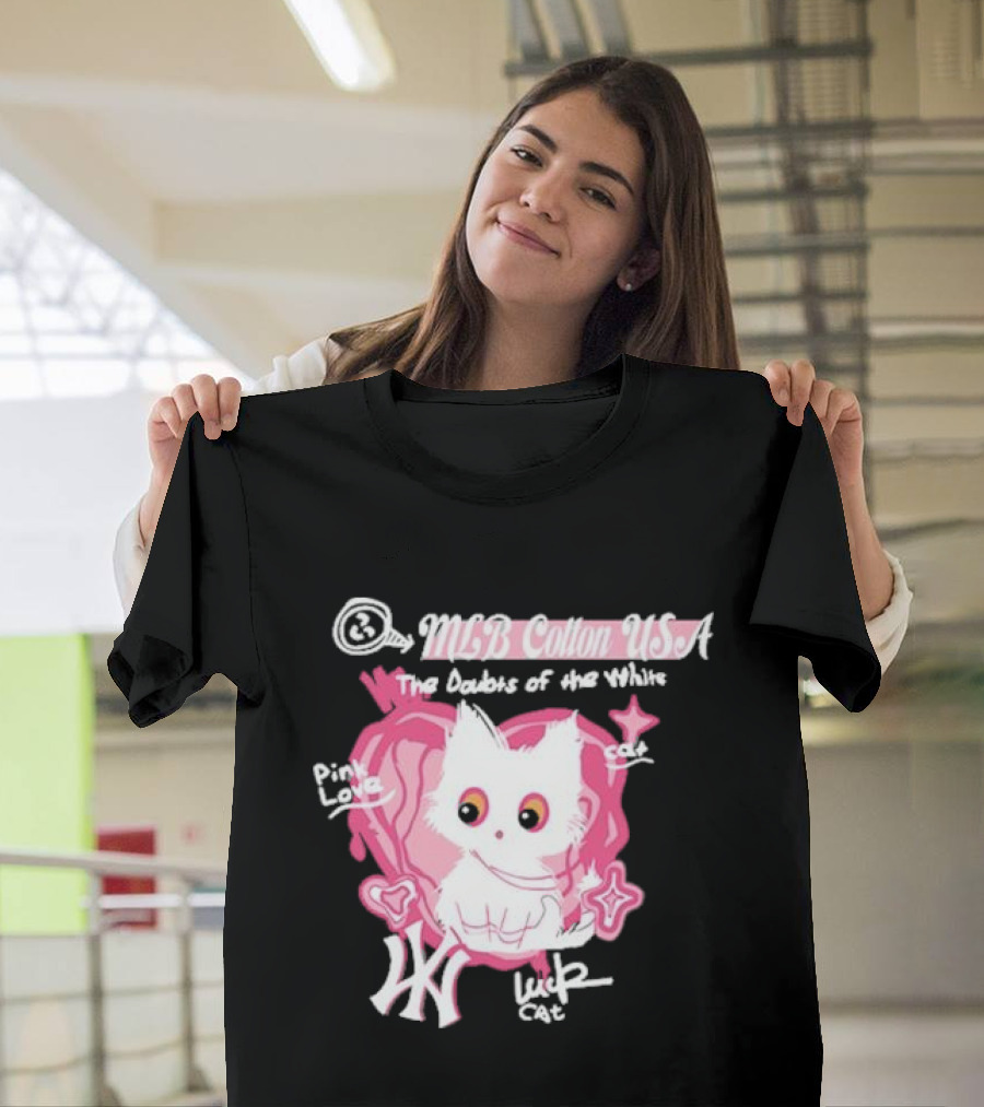 MLB Cotton USA The Doubts of the White Cat Pink Love Lucky Cat T-Shirt
