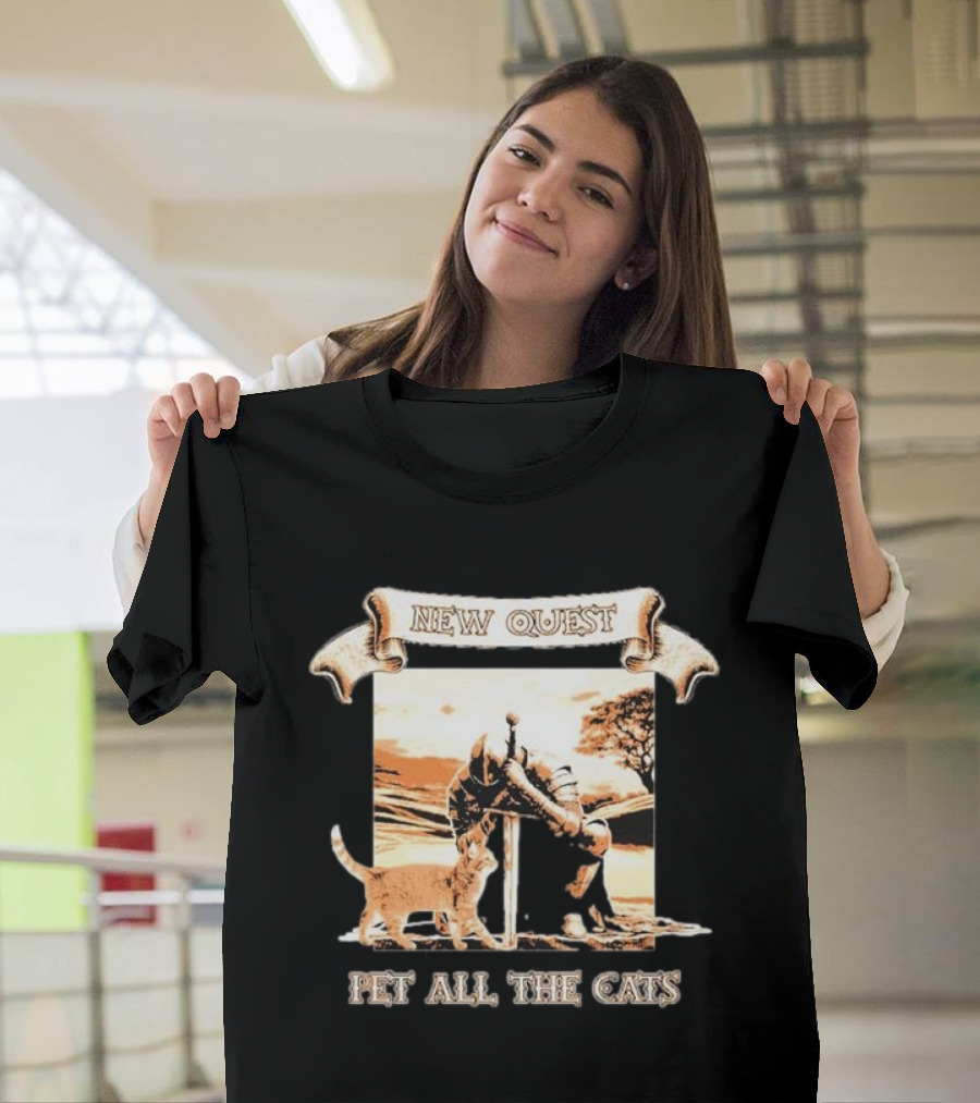 New Quest Pet All The Cats Knight Kneeling With Cat T-Shirt