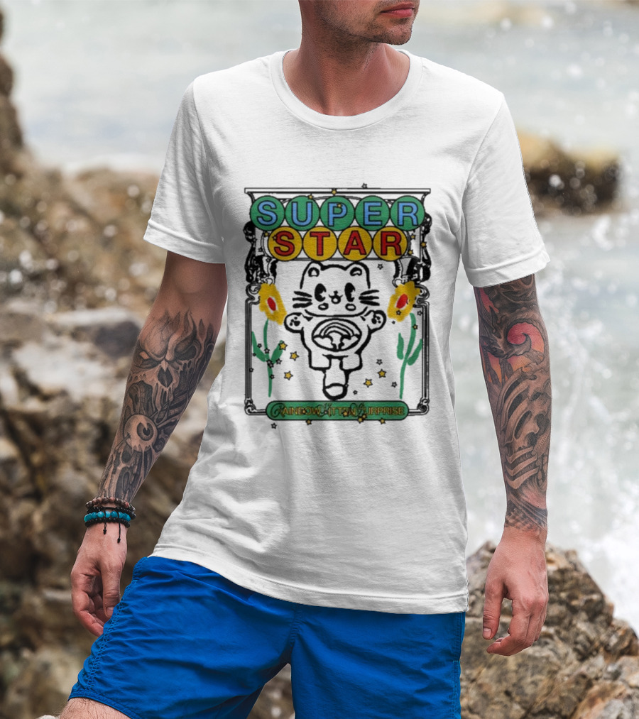 Rainbow Kitten Surprise Superstar Floating Cat With Rainbow Starry Background T-Shirt