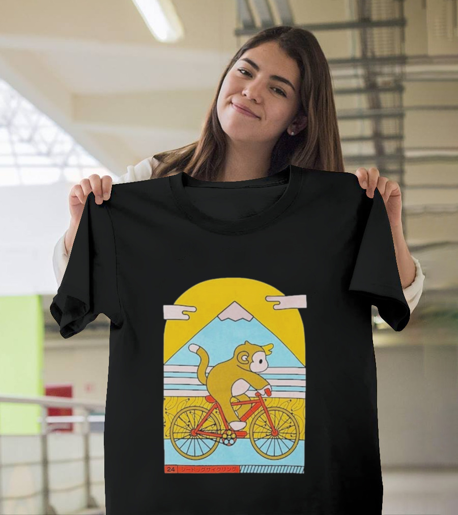 CDAWGVA Cycle Pullover Monkey Riding Bike with Mountain Background T-Shirt