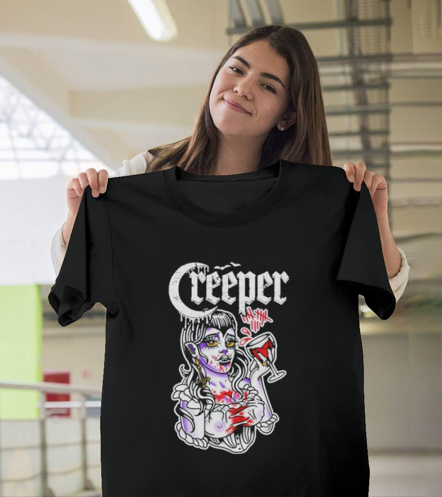 Creeper Gothic Vampire Woman with Bloody Drink T-Shirt