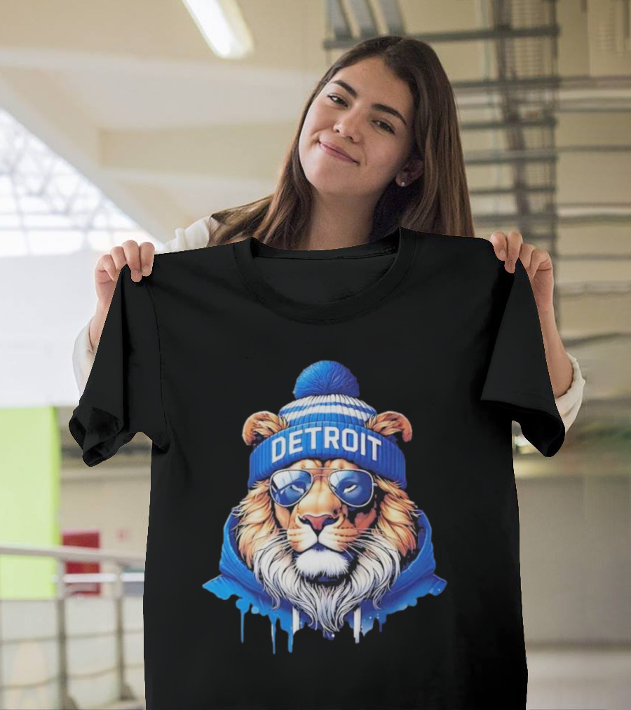 Detroit Lions Football 2025 New Season Cool Lion In Blue Beanie And Shades T-Shirt