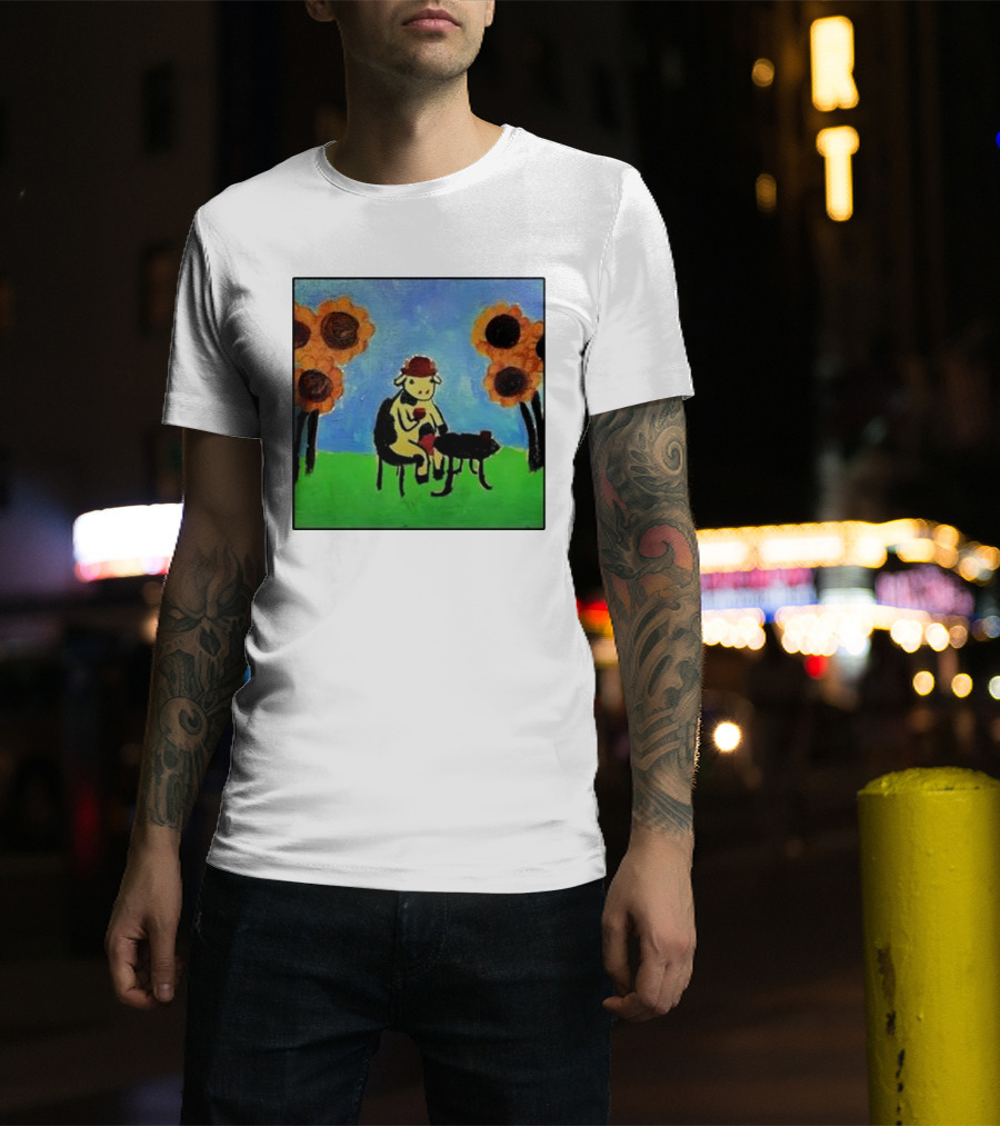 Cow Painting With Sunflowers And Tea Party Scene T-Shirt