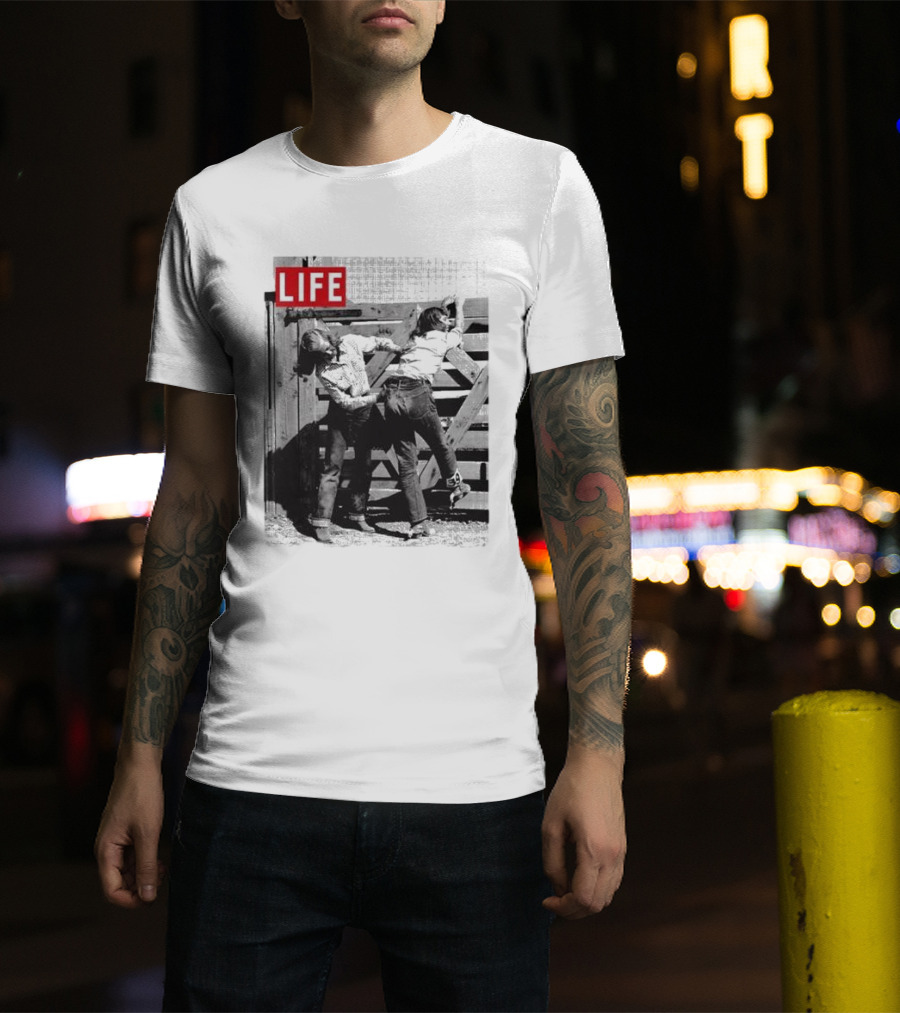 Life Magazine Cowboy Boys Playful Dust Off Fence Scene T-Shirt
