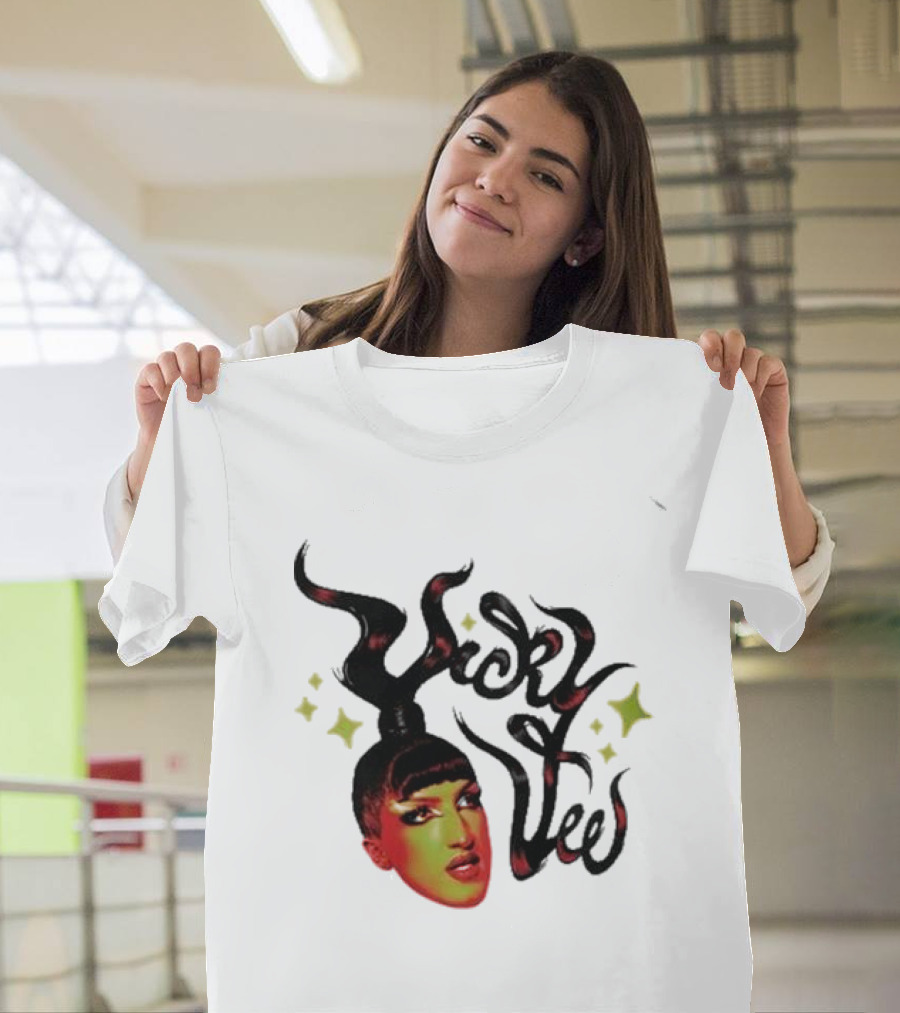 Vicky Vee Stylized Portrait with Hair Calligraphy and Star Accents T-Shirt