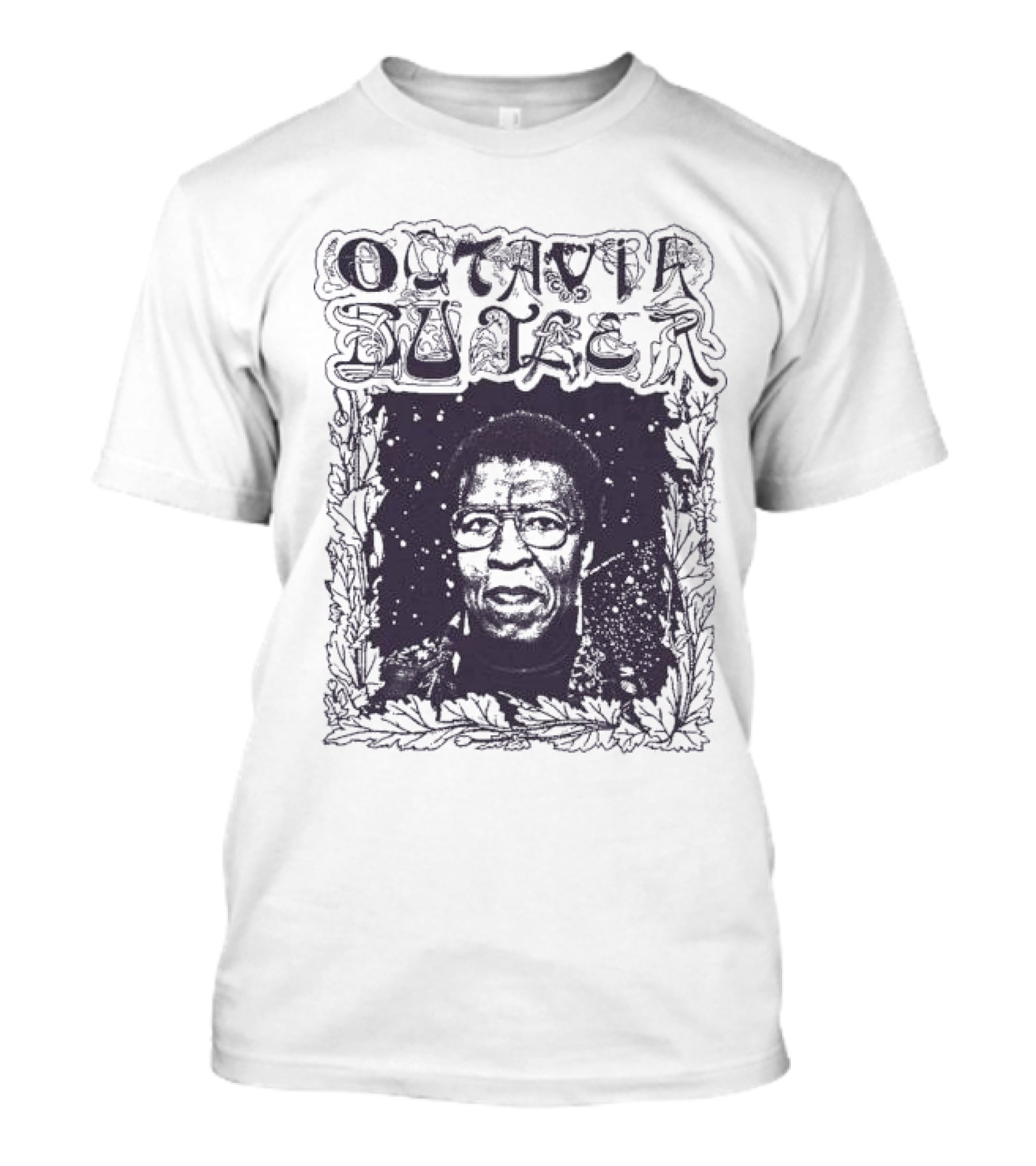 Octavia Butler Portrait With Leafy Cosmic Border T-Shirt