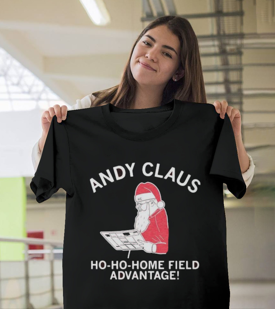 Andy Claus Santa In KC Hat With Playbook Ho Ho Home Field Advantage T-Shirt