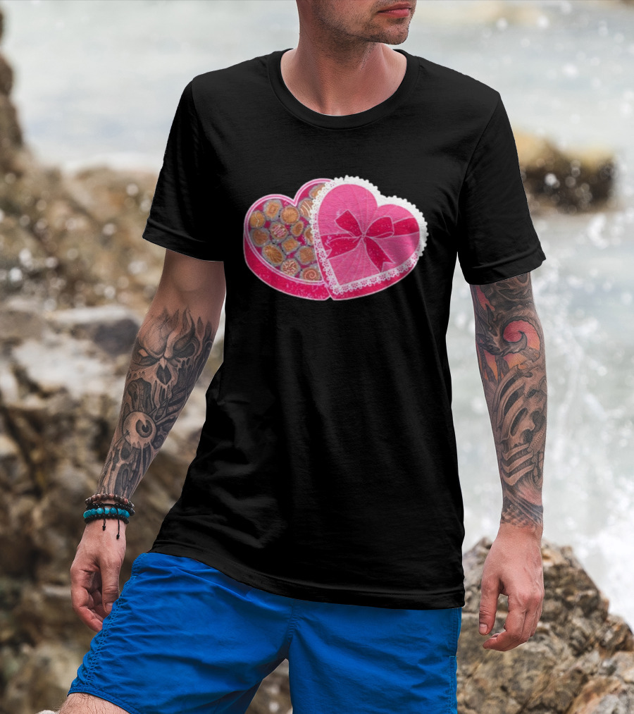 Living Fully Co Heart-Shaped Box Of Chocolates With Pink Bow And Lace Trim T-Shirt