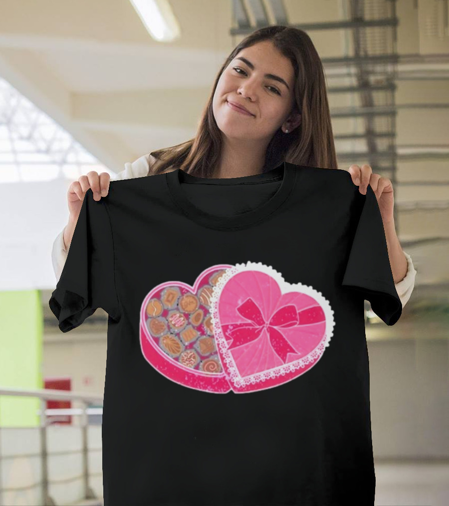 Living Fully Co Heart-Shaped Box Of Chocolates With Pink Bow And Lace Trim T-Shirt