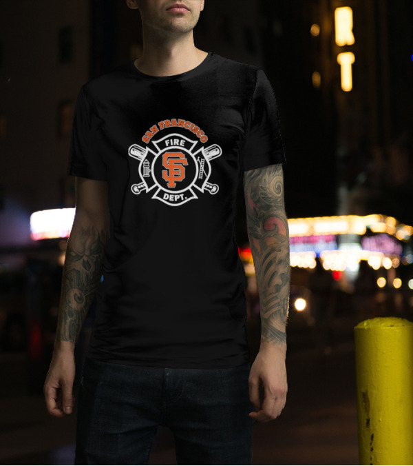 San Francisco Giants Fire Dept Firefighters SF Baseball Crossed Axes Ladder T-Shirt