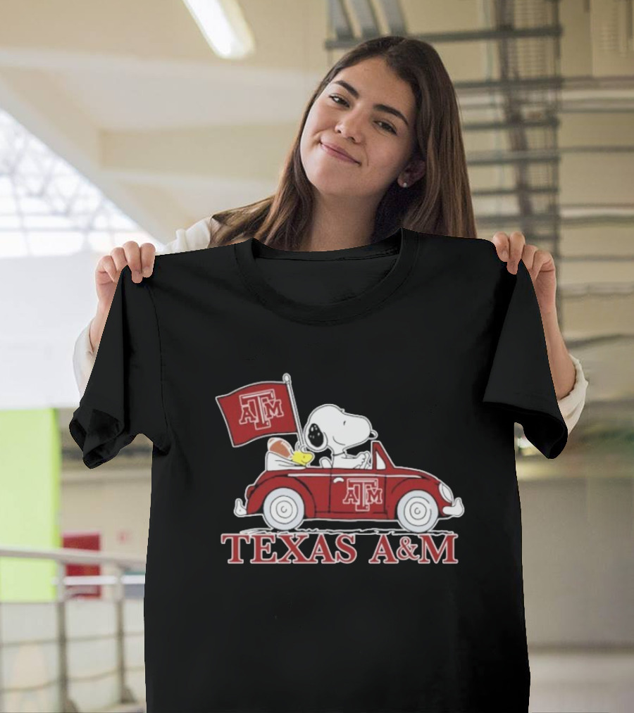 Snoopy Woodstock Driving Texas A&M Car Peanuts T-Shirt