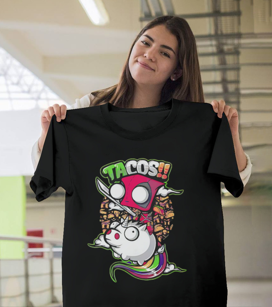 Tacos Deadpool Riding Unicorn Surrounded By Tacos Cartoon T-Shirt
