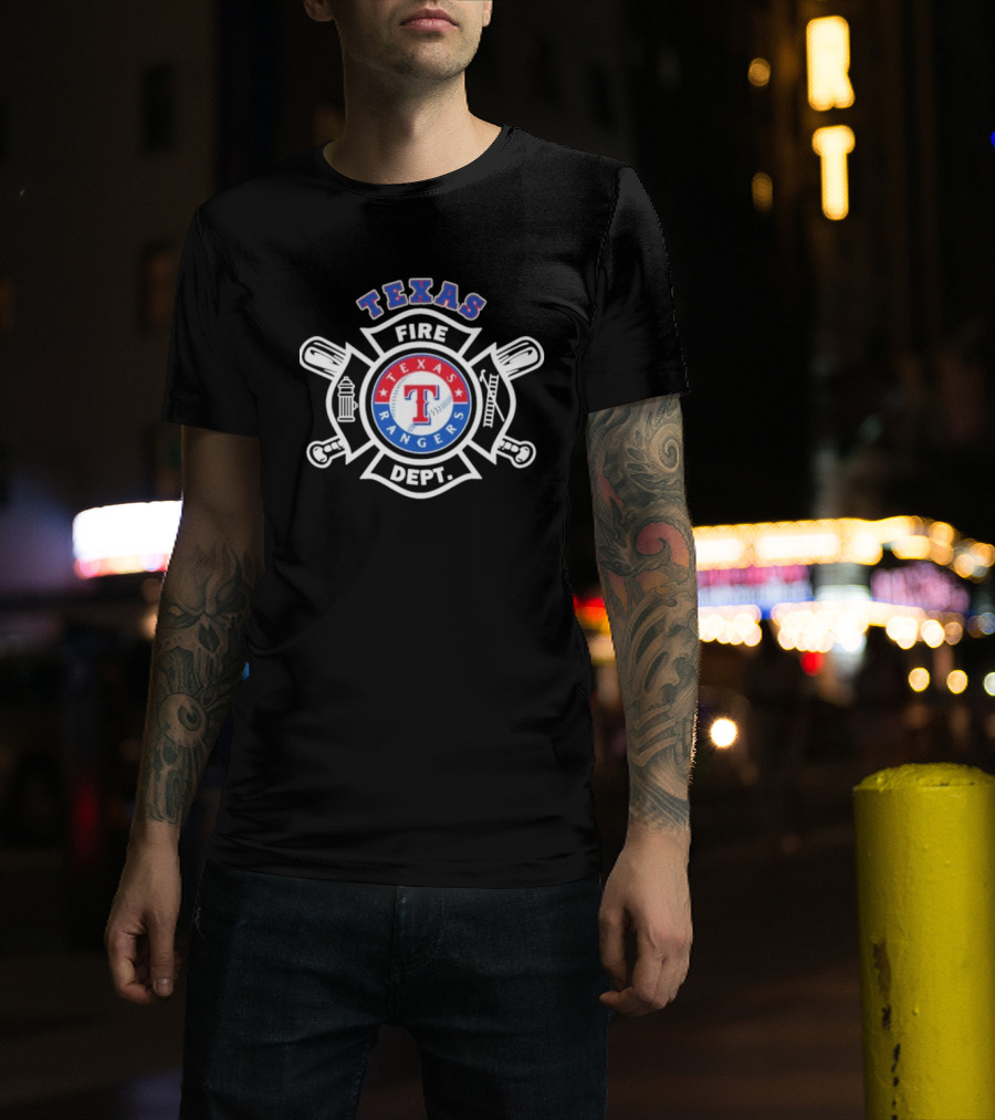 Texas Rangers Fire Dept Firefighters Maltese Cross Badge T-Shirt