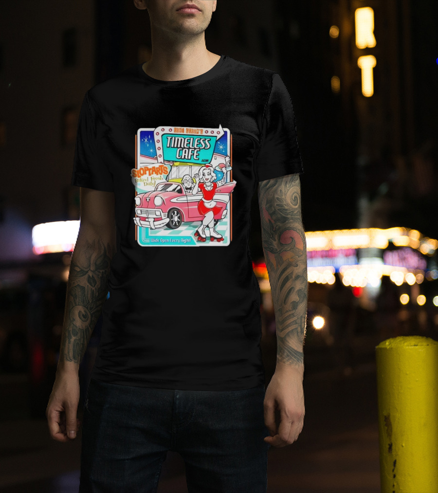 Kina Curvy's Timeless Cafe Sloptarts Baked Fresh Daily Wide Open Every Night Retro Diner Scene T-Shirt