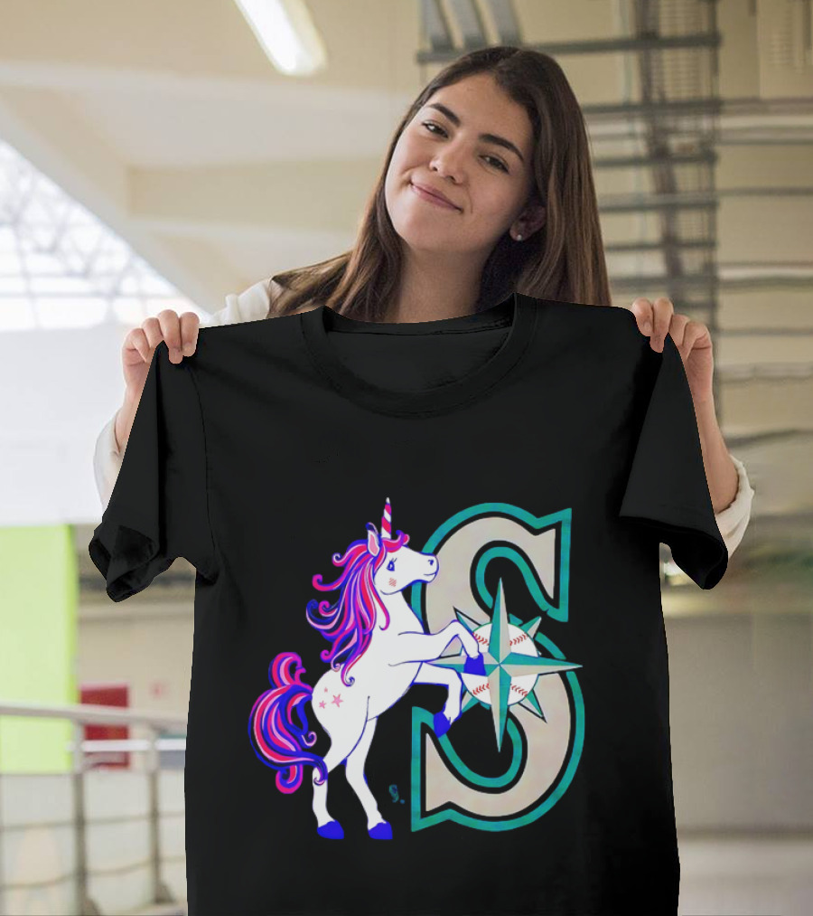Unicorn Seattle Mariners Baseball Emblem with Compass and Stars T-Shirt