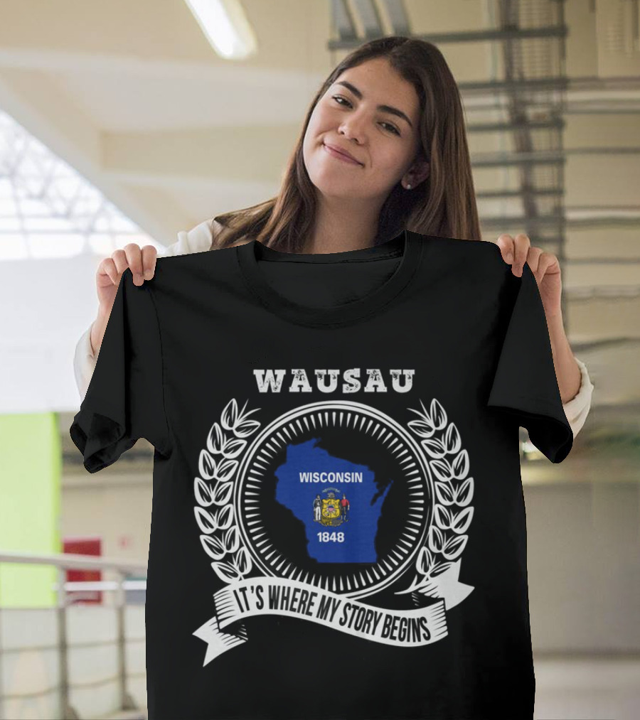 WAUSAU Wisconsin 1848 State Outline Emblem T-Shirt
