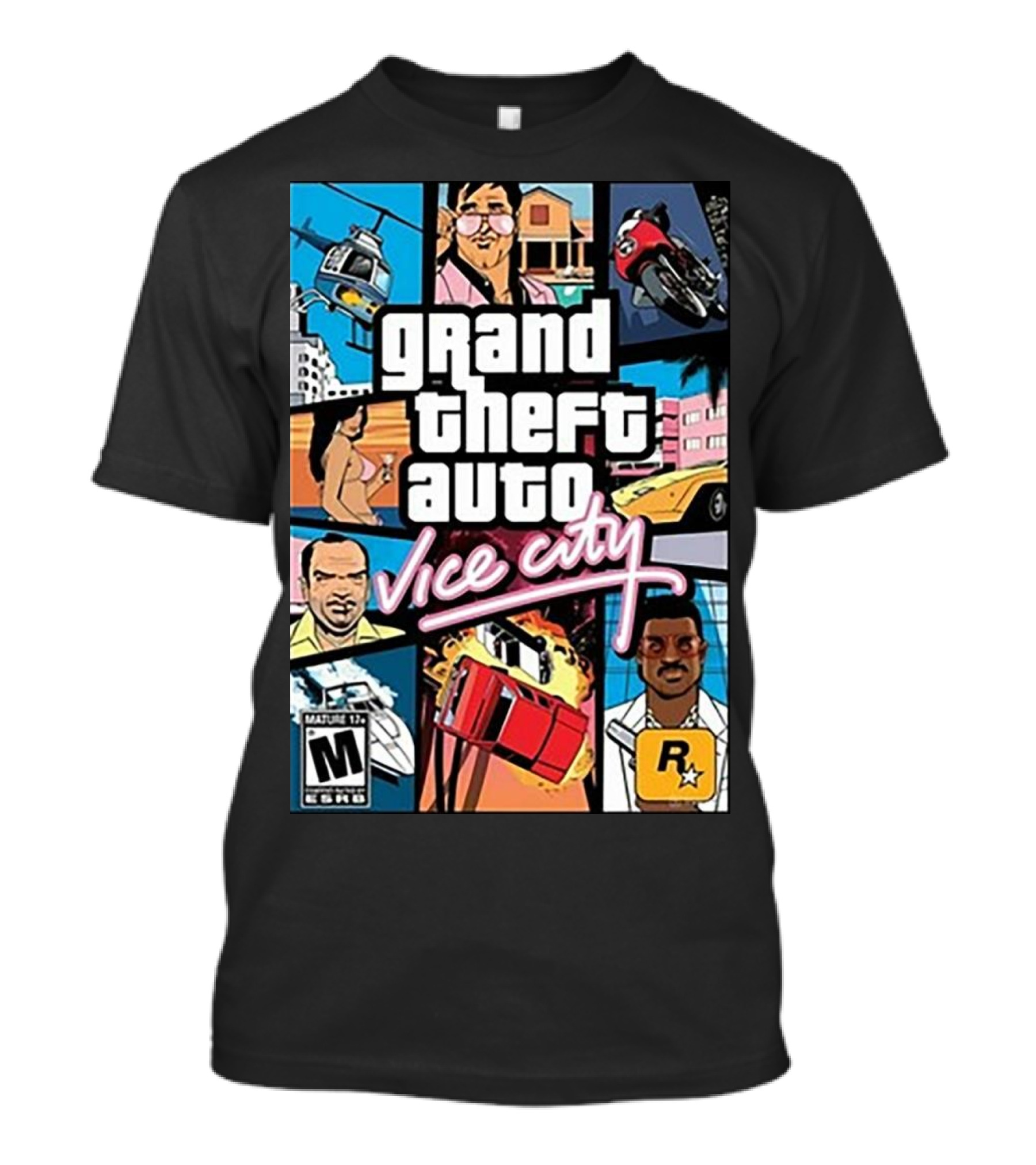 Grand Theft Auto Vice City Game Cover Art Helicopter Motorcycle Car Explosion R Star Logo T-Shirt