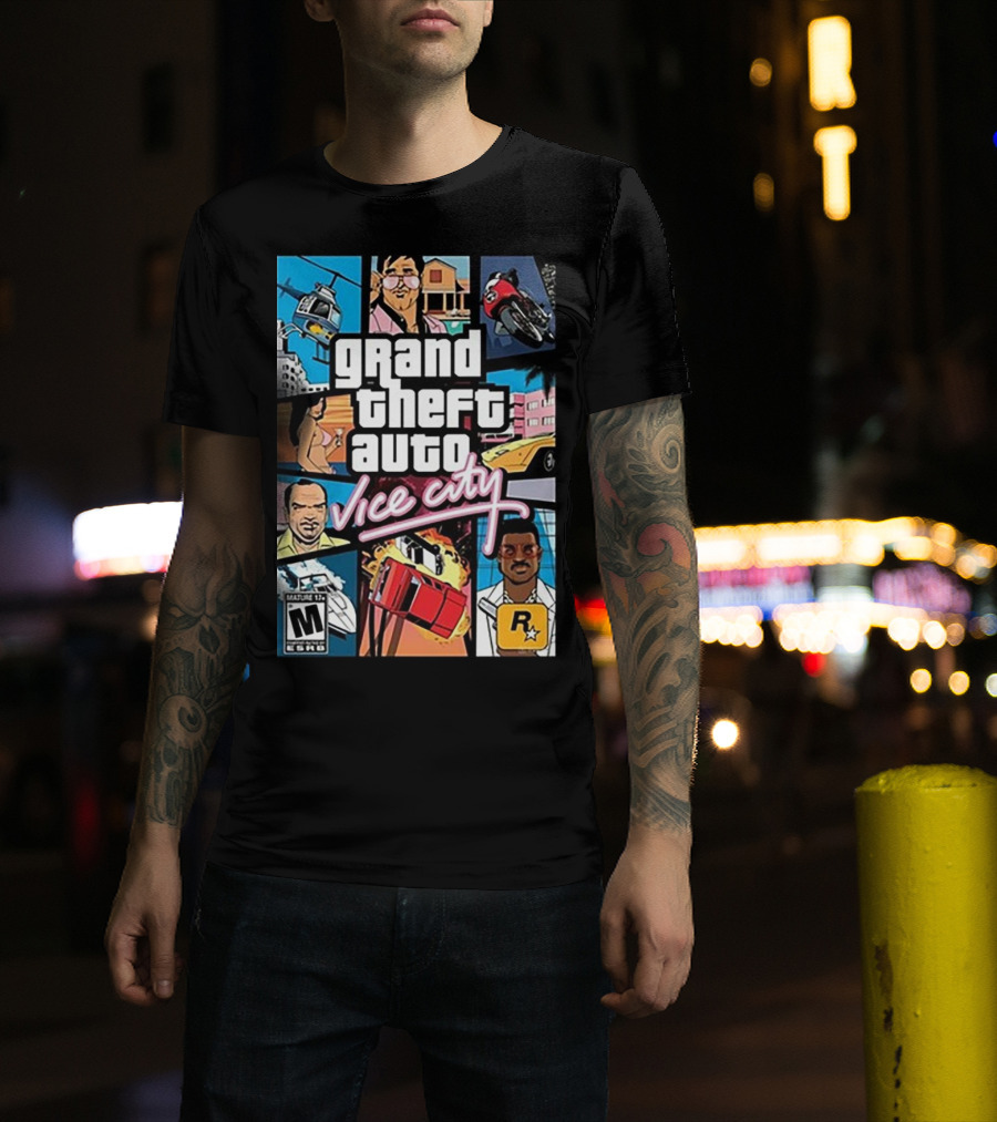 Grand Theft Auto Vice City Game Cover Art Helicopter Motorcycle Car Explosion R Star Logo T-Shirt