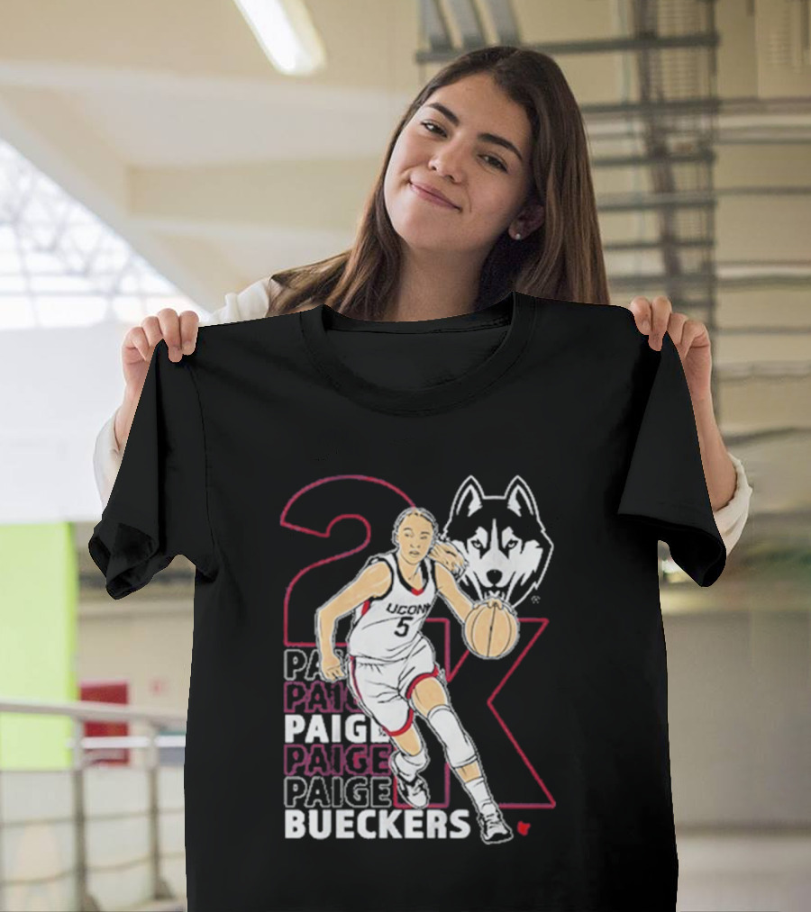 UConn Basketball Paige Bueckers 2K Athlete Silhouette and Husky Mascot T-Shirt