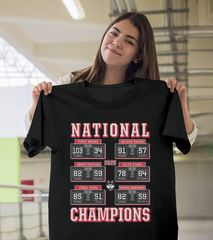 UConn Huskies 2025 NCAA Women’s Basketball National Champions Scoreboard Highlights T-Shirt