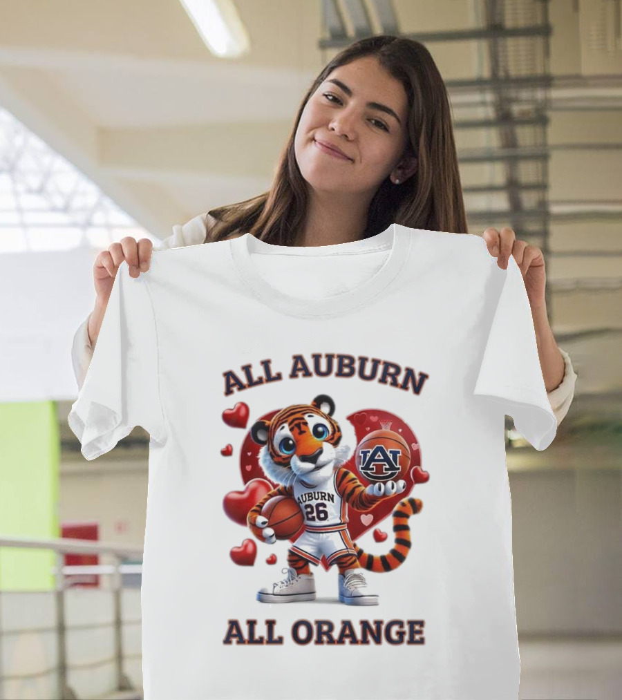 All Auburn All Orange Auburn Tigers Basketball Mascot Hearts T-Shirt