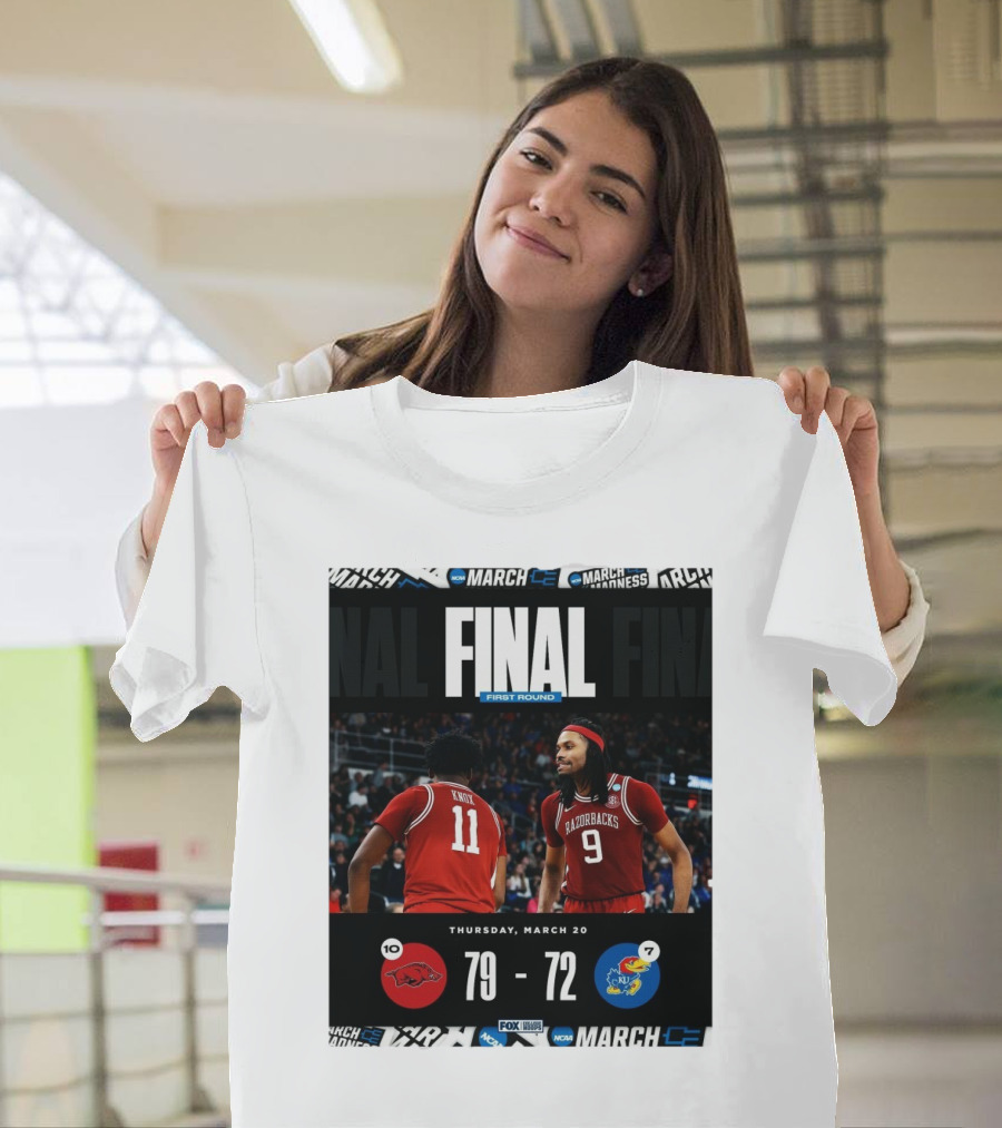 Arkansas Razorbacks Vs Kansas Jayhawks NCAA First Round Final Score 79-72 Thursday March 20 T-Shirt