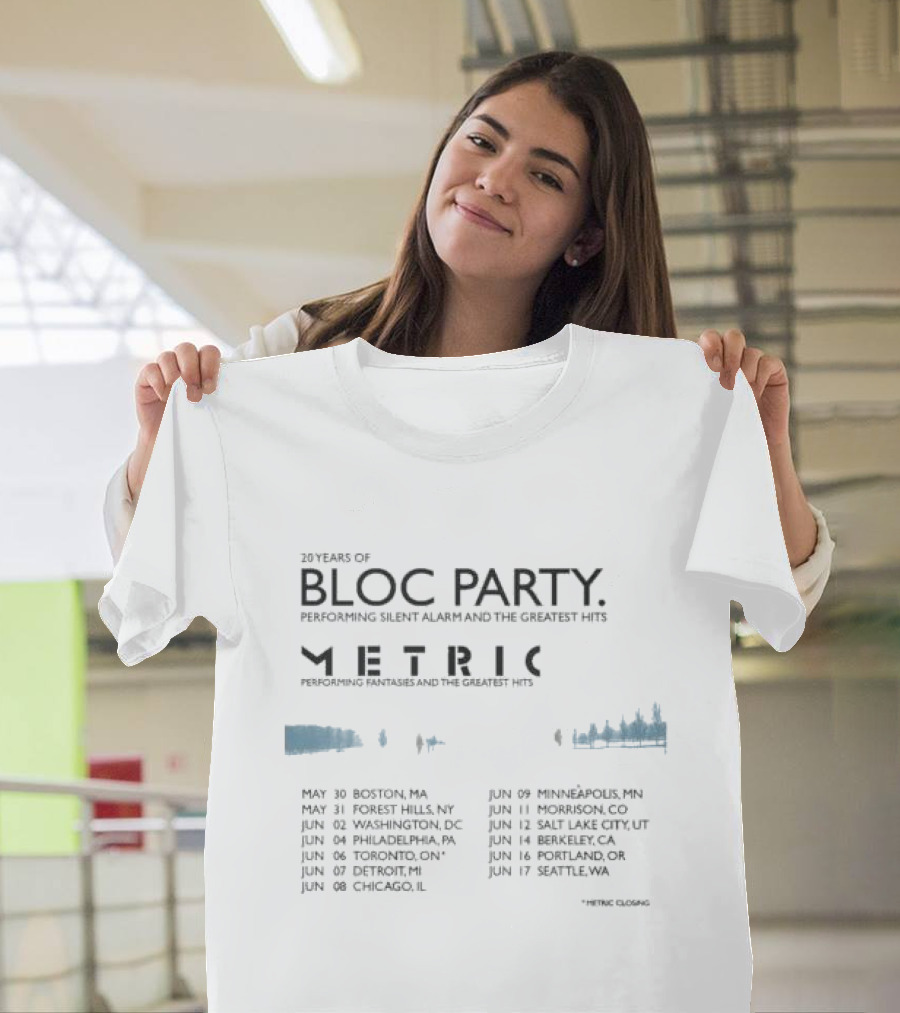 20 Years of Bloc Party Silent Alarm Tour 2025 Featuring Metric North America Dates and Cities T-Shirt