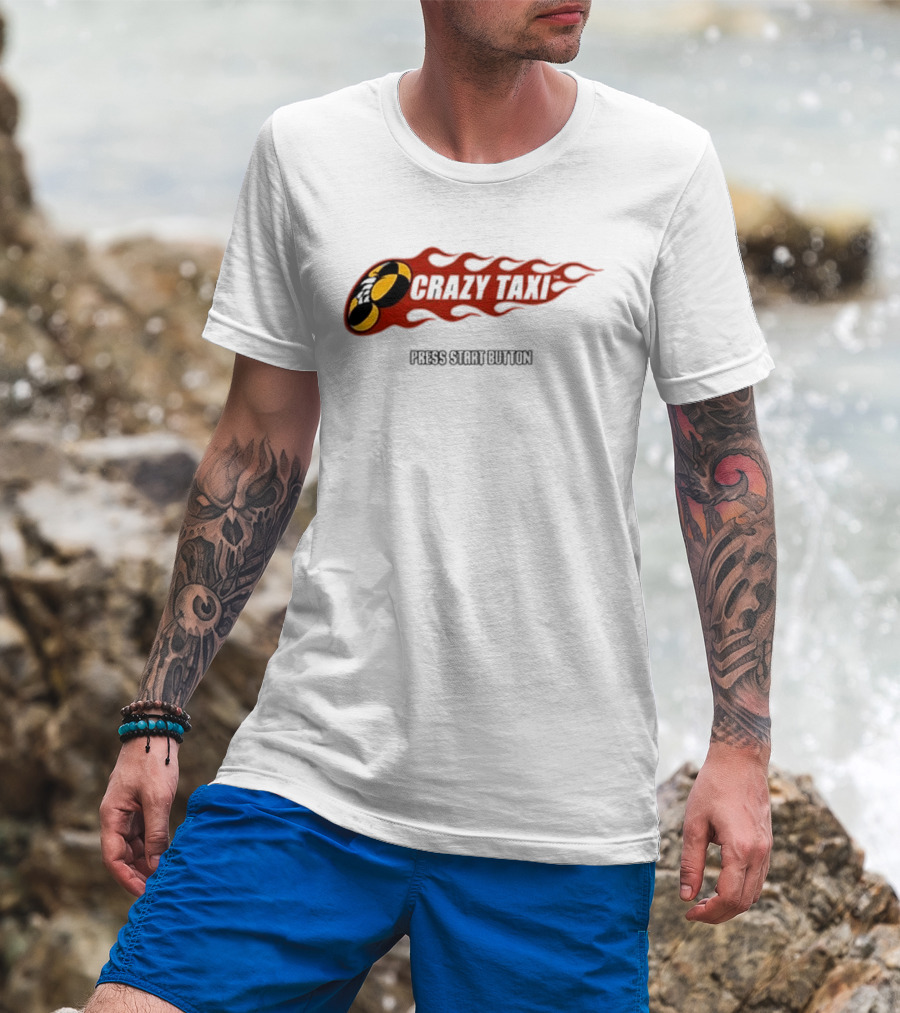 Crazy Taxi Press Start Button Iconic Video Game Flames Graphic T-Shirt