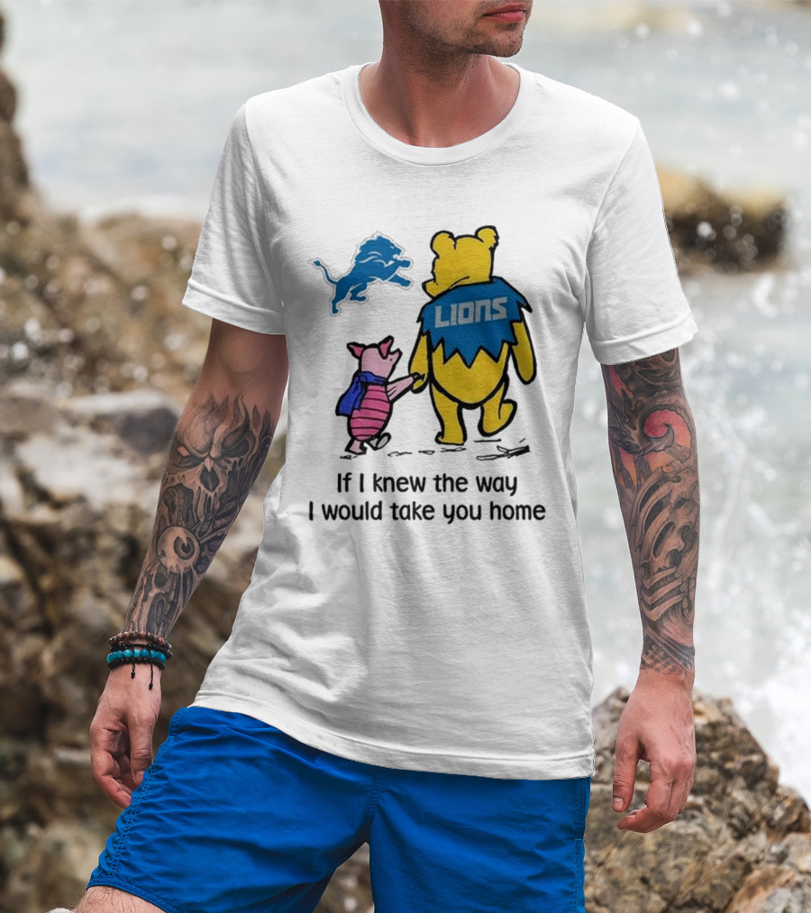 Detroit Lions Winnie The Pooh Piglet Walking Holding Hands T-Shirt