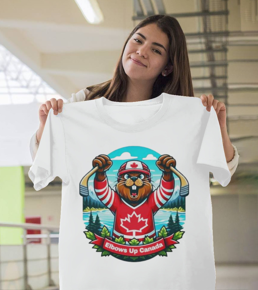 Elbows Up Canada Beaver Mascot Hockey Celebration Canadian Maple Leaf Forest T-Shirt