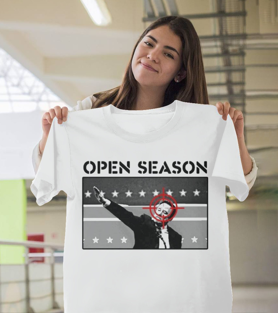 Unrecognizable Figure With Target Overlay Open Season Text T-Shirt