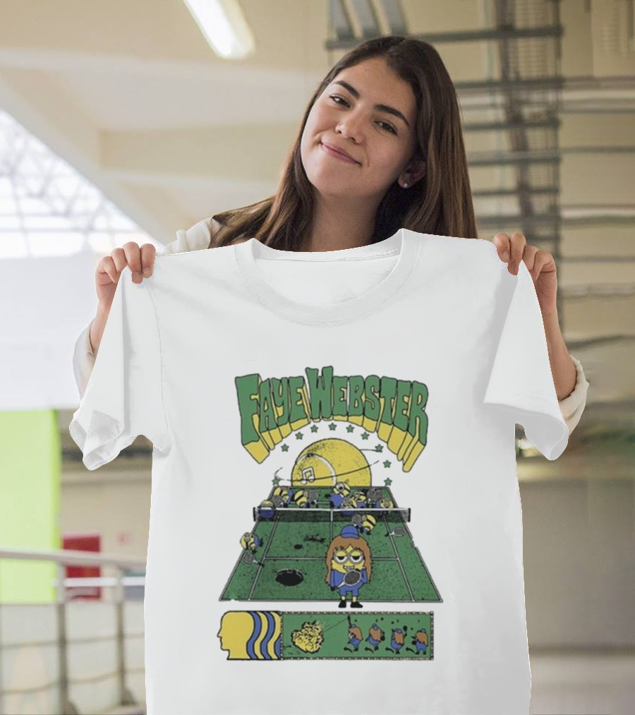 Faye Webster Brain Dead Tennis Court Scene with Yellow Characters and Sports Imagery T-Shirt