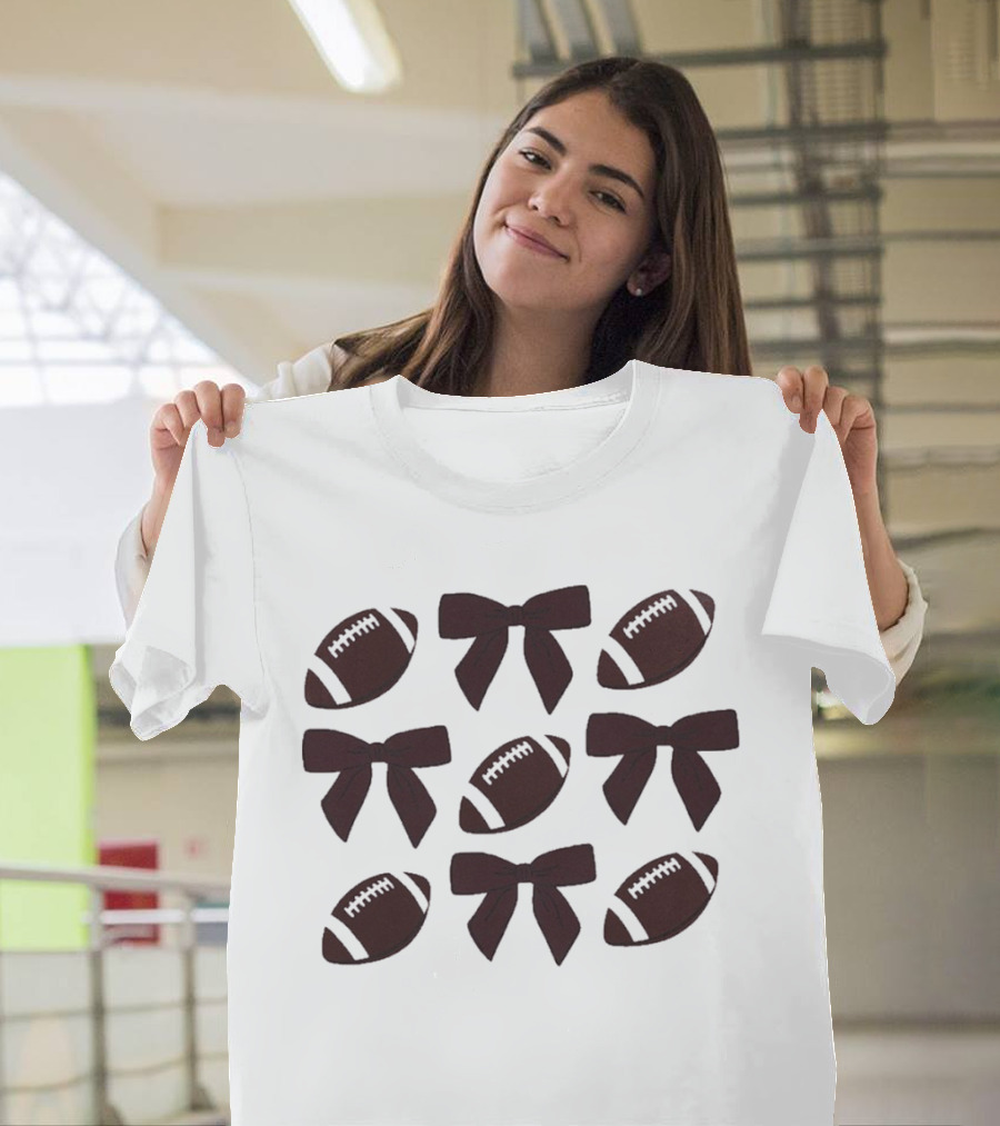 Footballs and Bows Pattern Sports Fashion T-Shirt