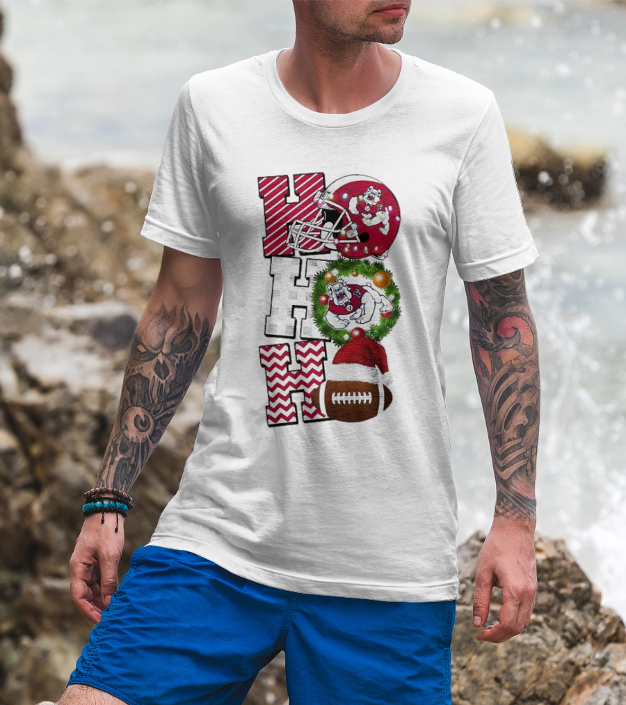 Fresno State Bulldogs Football Christmas Helmet Wreath Santa Hat Rugby T-Shirt