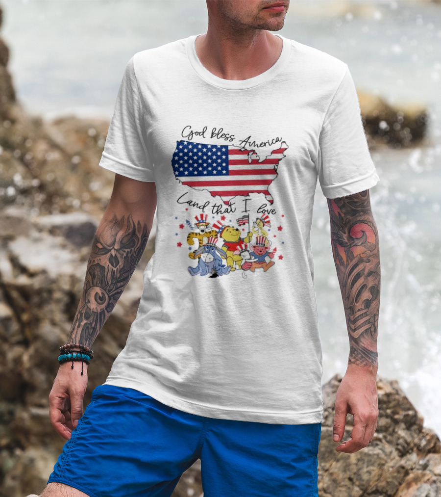 God Bless America Land That I Love Winnie The Pooh USA Flag T-Shirt