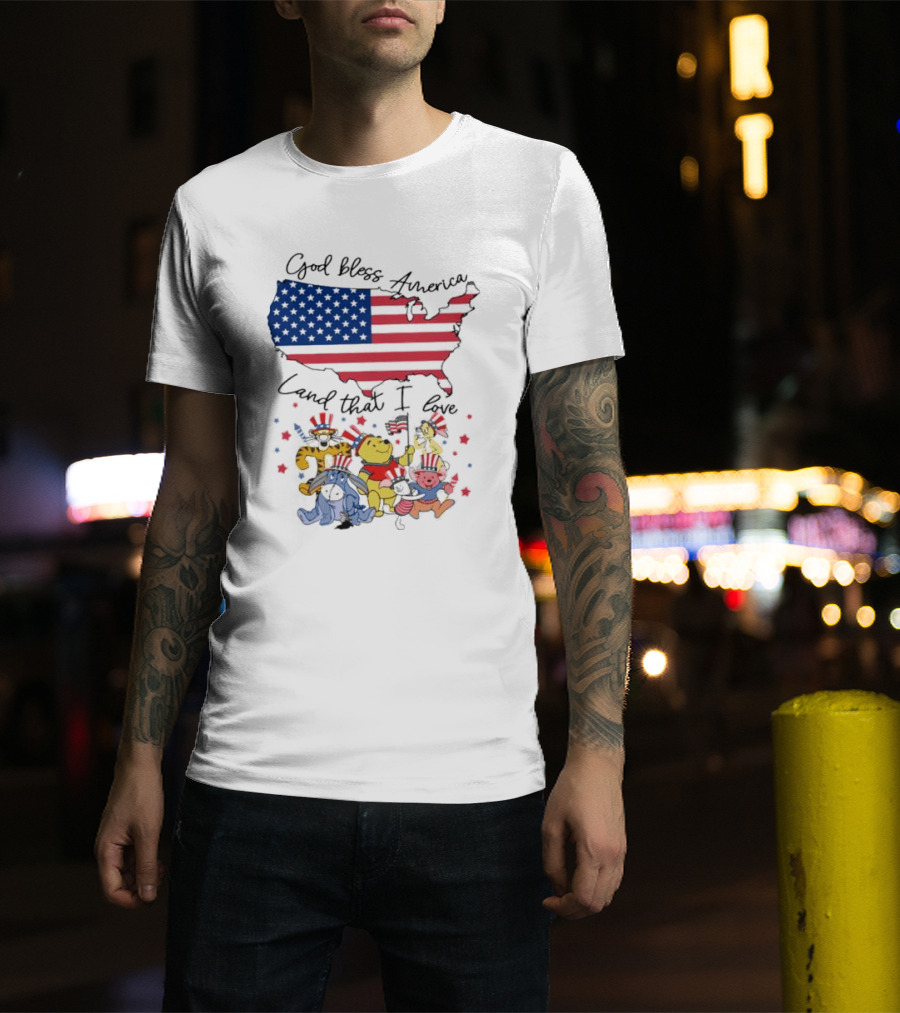God Bless America Land That I Love Winnie The Pooh USA Flag T-Shirt