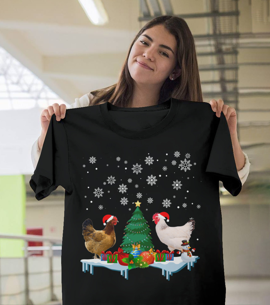 Chicken Merry Christmas Snowflake Festive Scene T-Shirt