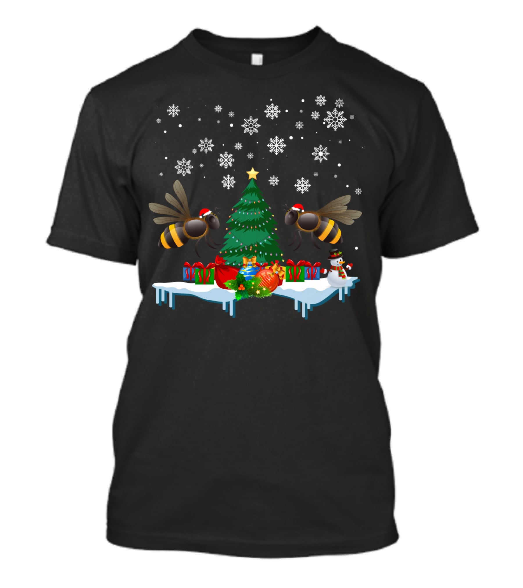 Bee Merry Christmas Tree Snowflakes Holiday Bees Santa Hats T-Shirt