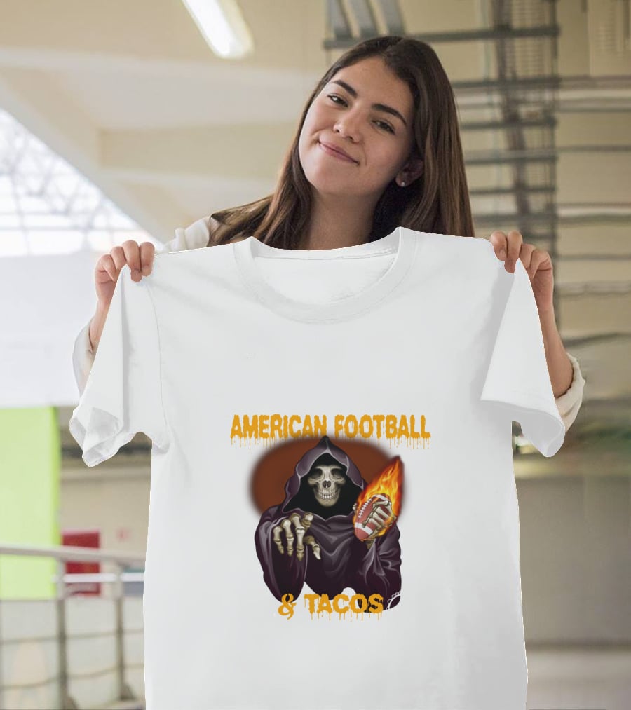 American Football And Tacos Skeleton Holding Flaming Football T-Shirt