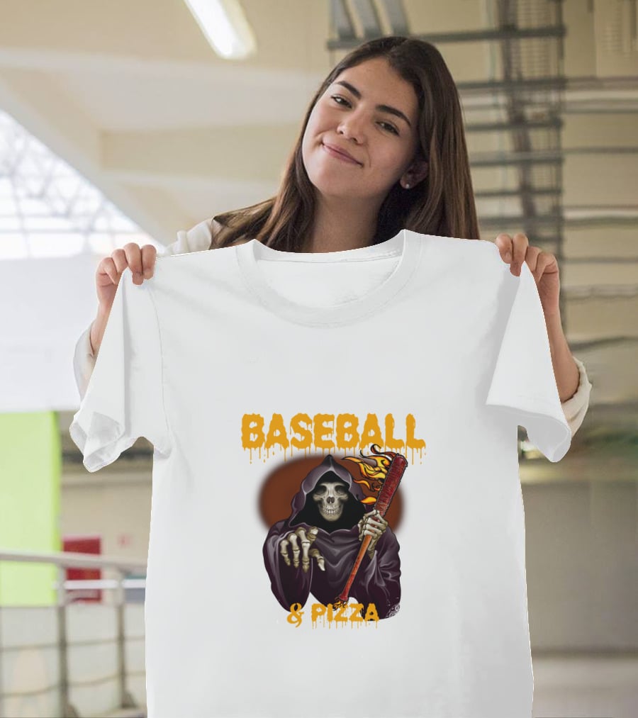 Grim Reaper With Flaming Baseball Bat Celebrates Baseball And Pizza T-Shirt