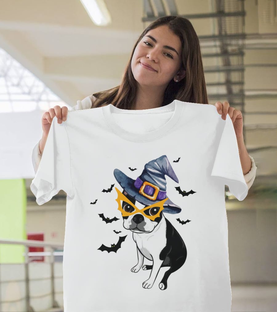 Boston Terrier Wears Witch Hat And Mask With Bats T-Shirt