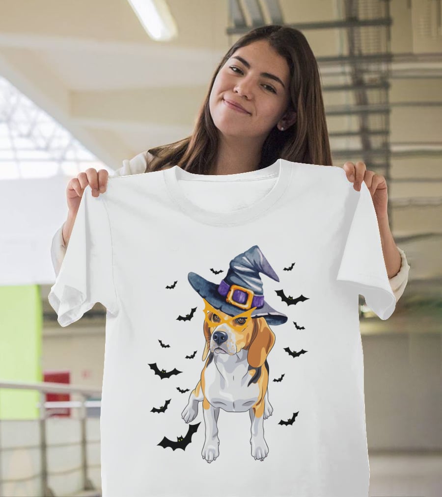 Beagle Wears Halloween Witch Hat Surrounded By Flying Bats T-Shirt