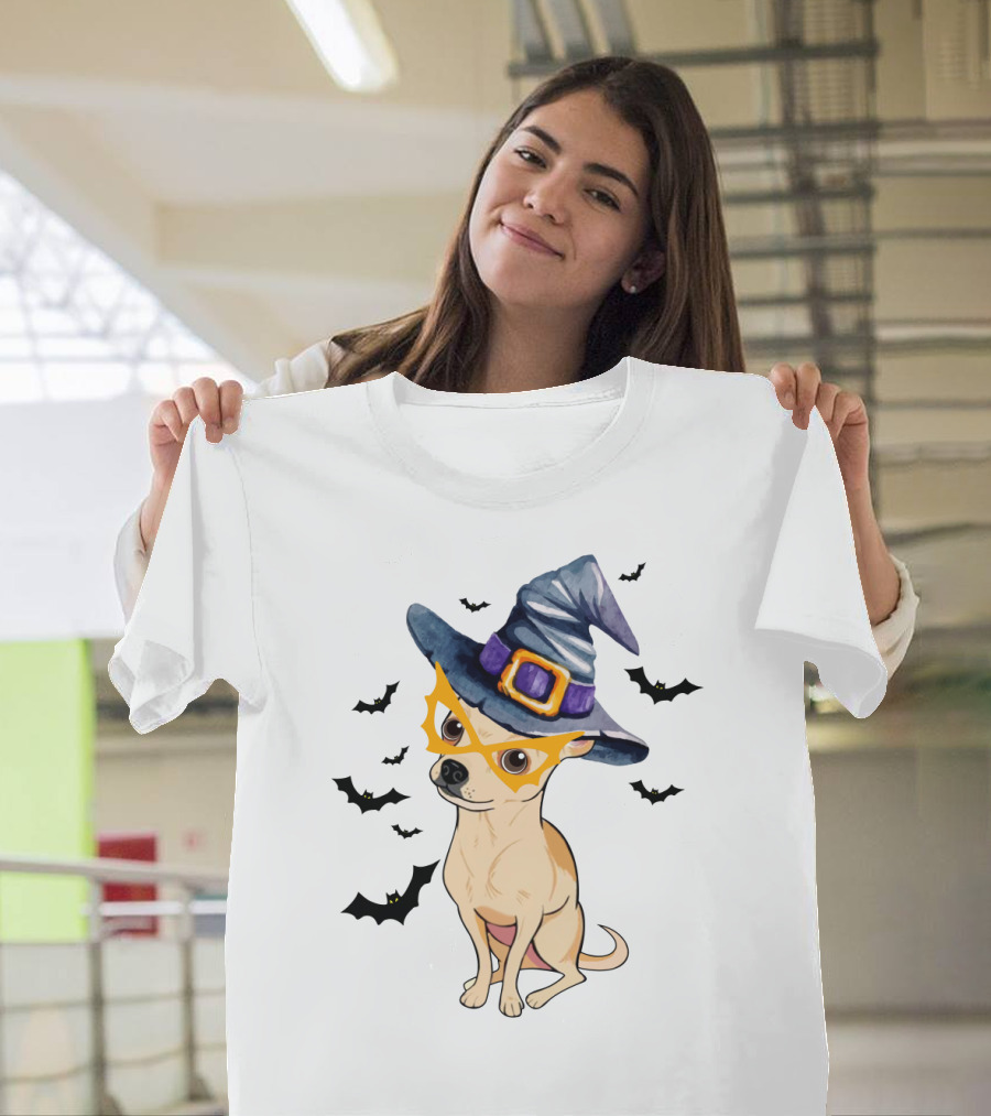 Chihuahua in Witch Hat with Halloween Bats T-Shirt