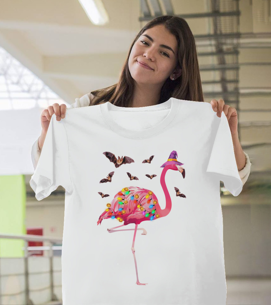 Flamingo in Witch Hat with Halloween Bats and Colorful Lights T-Shirt
