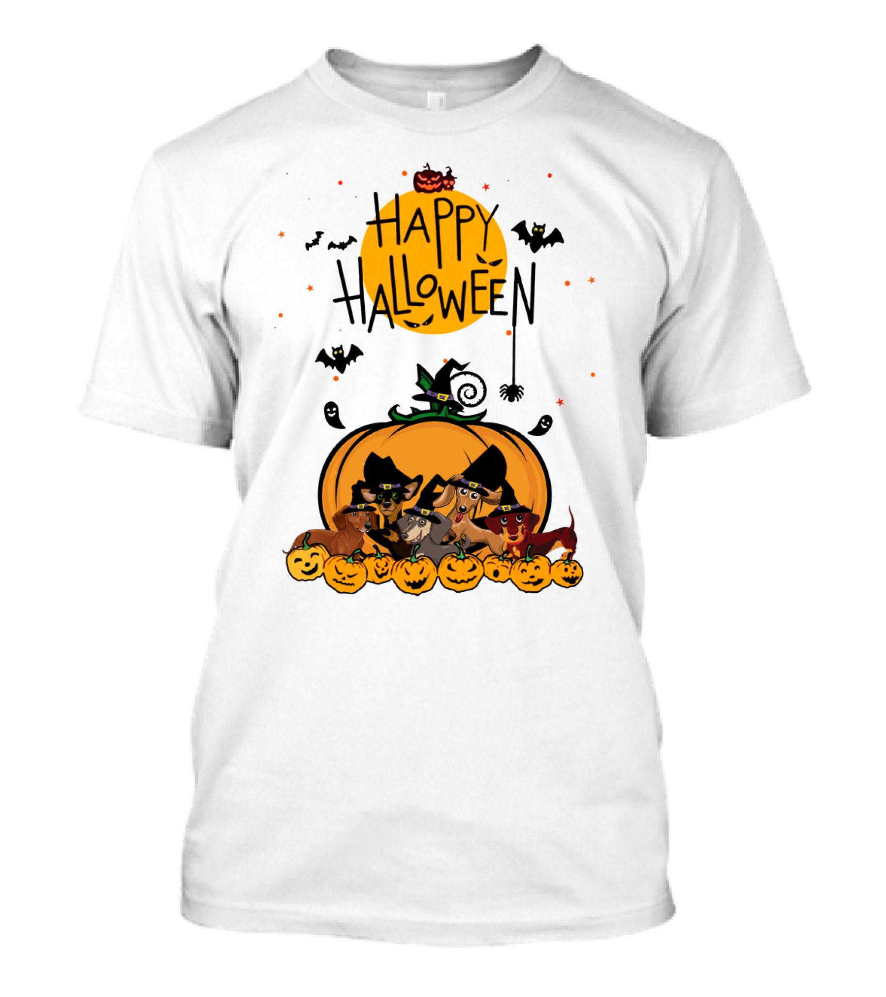Happy Halloween Dachshunds With Witch Hats And Pumpkins T-Shirt