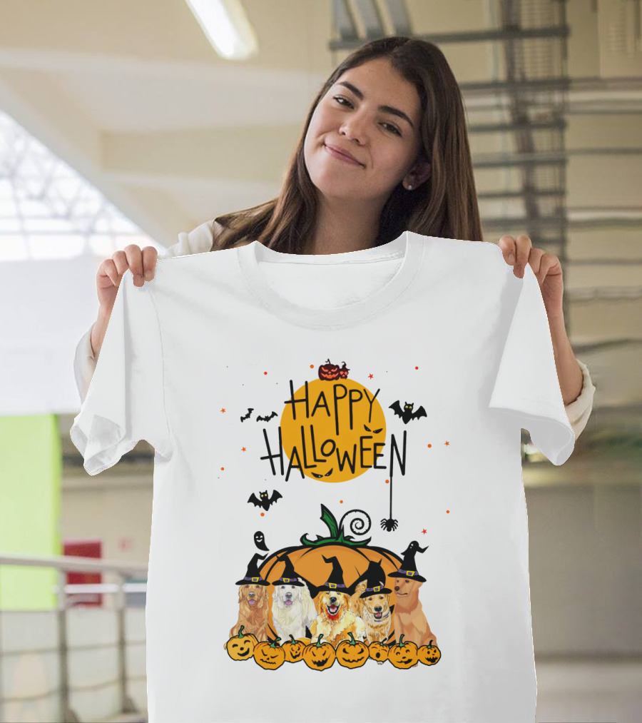 Happy Halloween Golden Retrievers in Witch Hats with Pumpkins T-Shirt