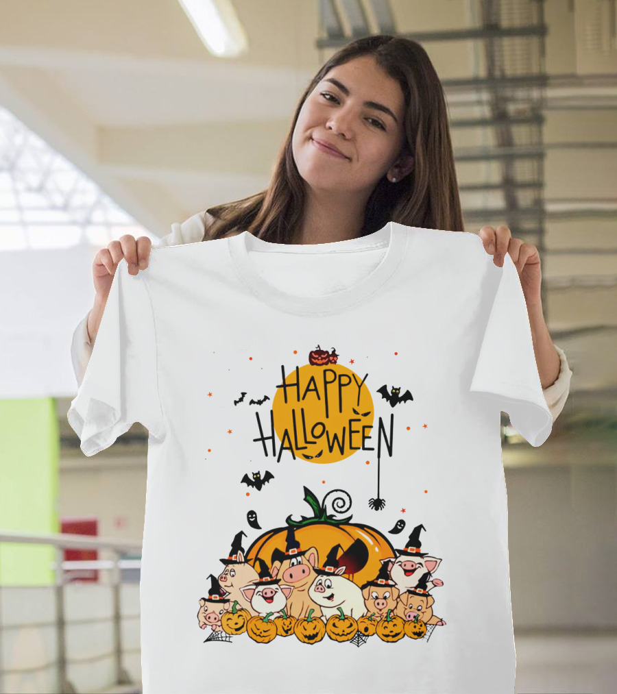 Happy Halloween Pig Pals With Pumpkins and Bats T-Shirt